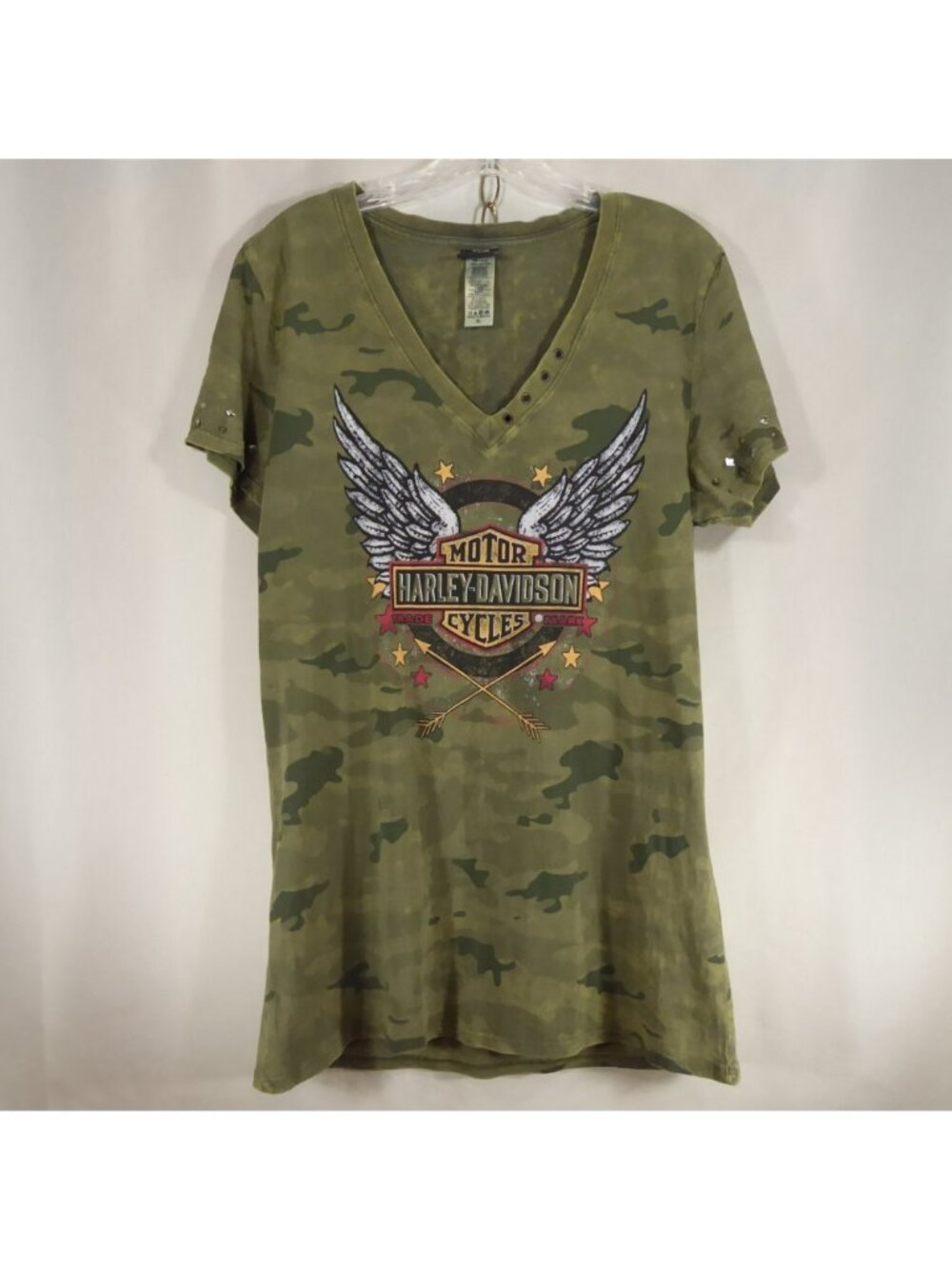 Harley Davidson Womens XL Camouflage V-Neck T-Shirt Studded Myrtle Beach SC Wing